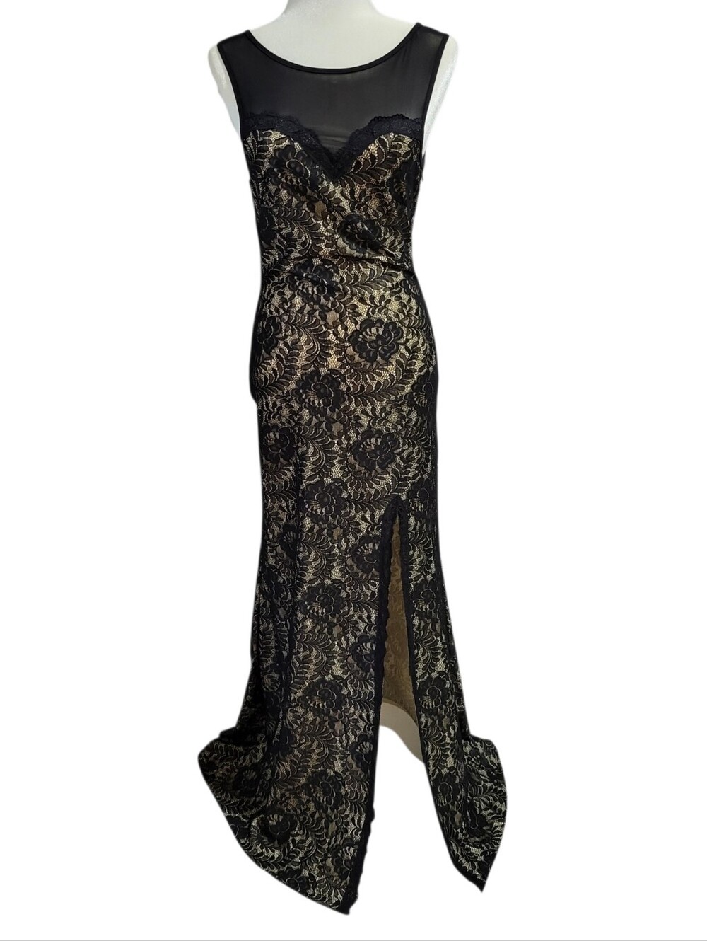 Miusol Formal Gown Maxi Dress S Black Lace Overlay Sheer Mesh Romantic Occasion